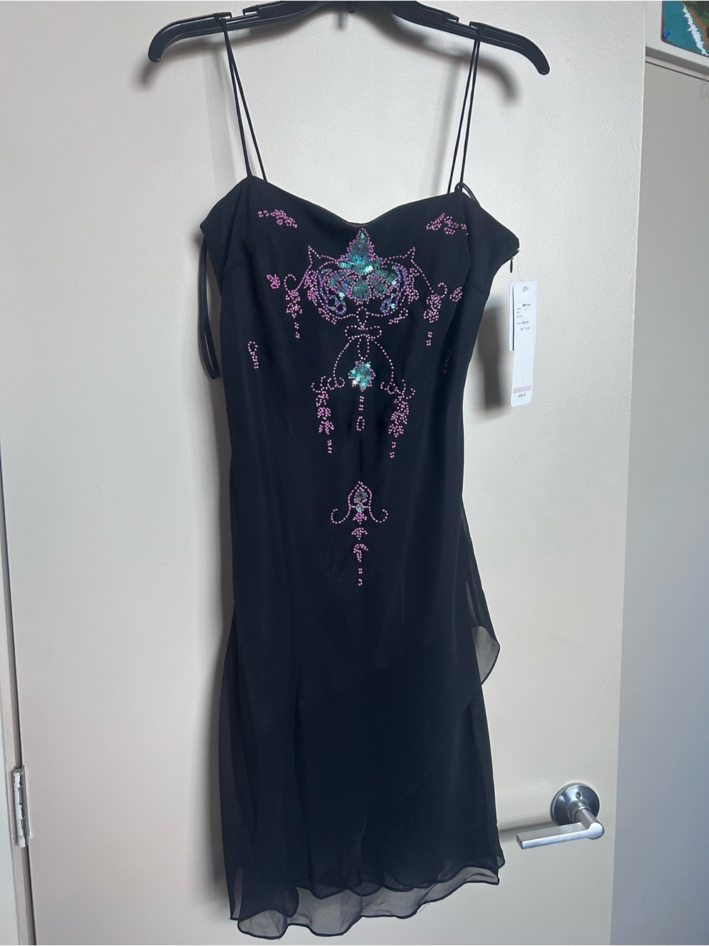 Rimini Black Mini Slip Dress with Pink & Teal Sequin Motif